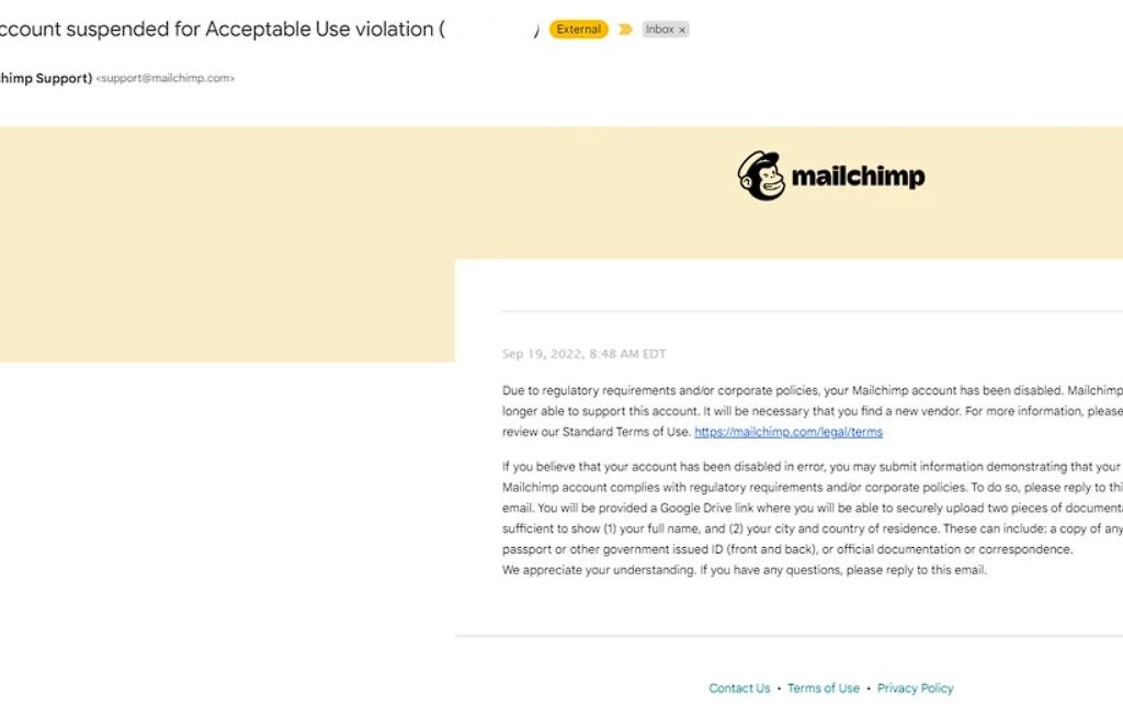 mailchimp account suspension - virale digital agency